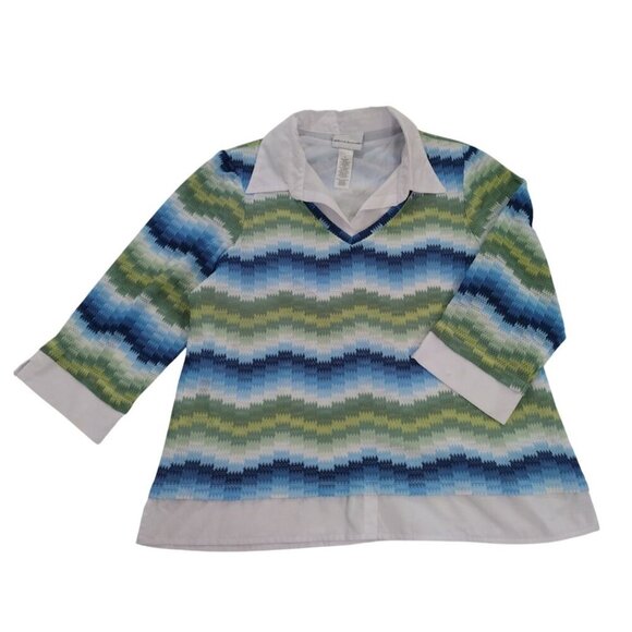 Alfred Dunner Knit Top Womens L Multicolor Chevron Patter Collared Layered Look - Picture 5 of 7
